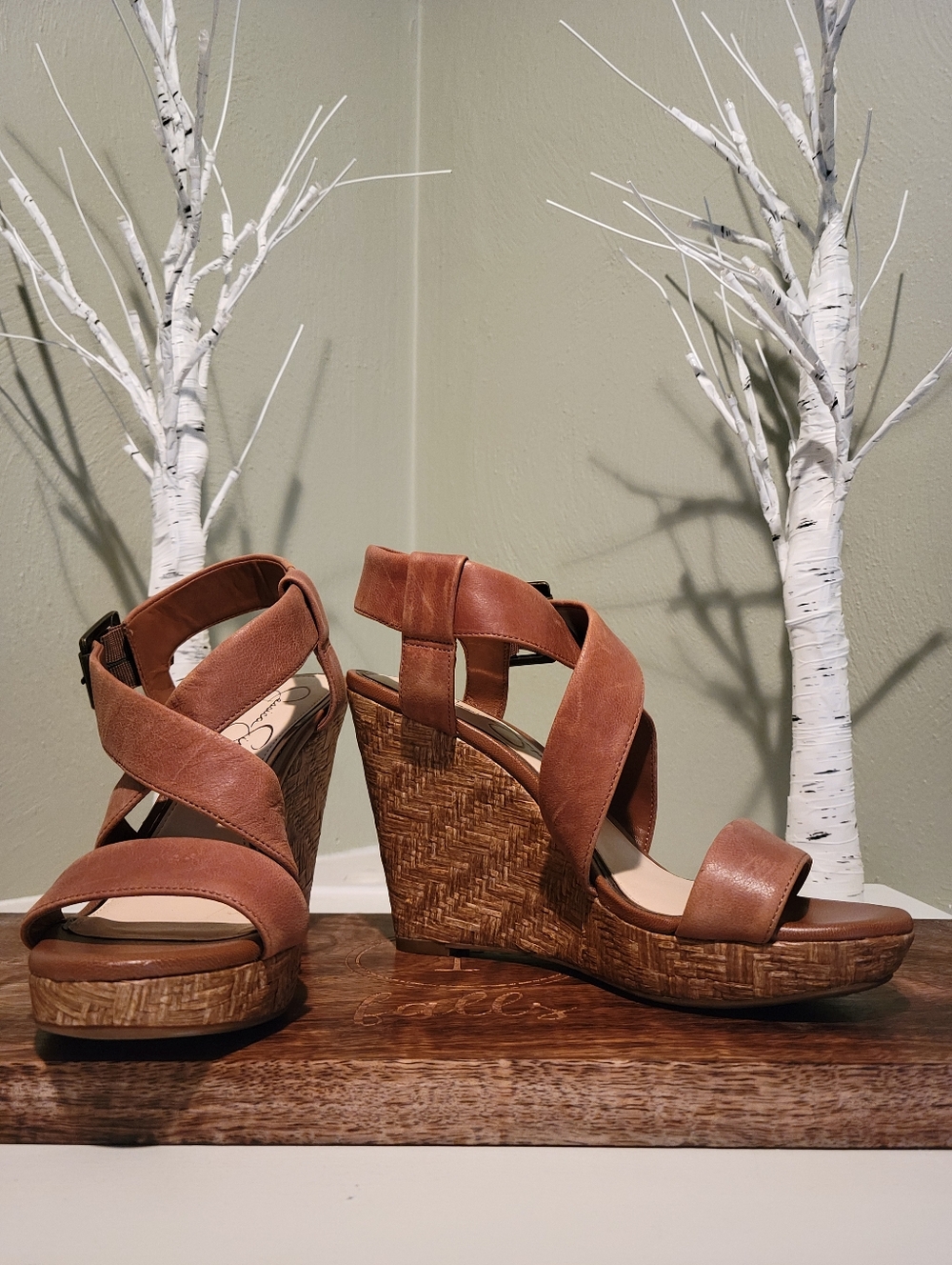 Jessica Simpson SZ 6.5 Jerrimo Tan Strappy 4.5" Wedge Sandals Wrapped Cork